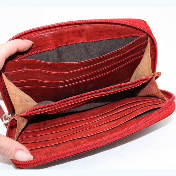 Leathers in Leather Floral Embossed Cut Out Zip Around Wallet Clutch Red Maroon - Picture 7 of 8